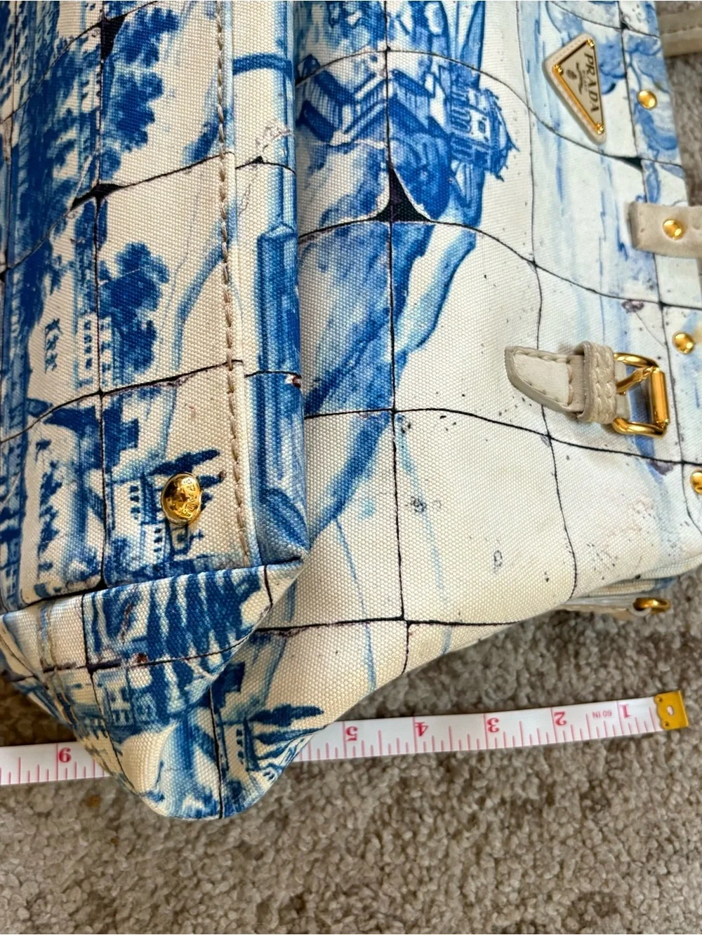 Prada Blue and White Scenic Satchel with Cream Handles